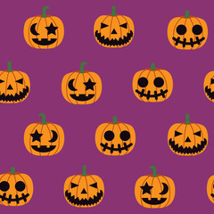 seamless halloween pattern illustration, decorative monster pumpkin on purple background vector