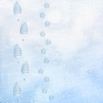 Human And Dog Footprints On Surface White Winter Snow. The Girl With The Dog. The Traces Of Women's Boots. Overhead View. Texture Of Snow Surface. Vector Illustration Background.