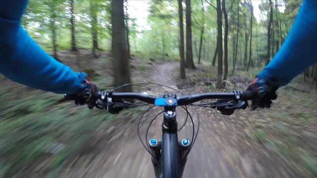 Cycling, mountain biker on cycle trail in autumn forest. Mountain biking in autumn landscape forest. Man and woman cycling MTB flow trail.
