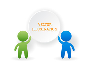 Two stylized figure of man with raised hands keep round banner free space for text isolated on white background. Design element template for presentations, annual report, dialogue, advertising