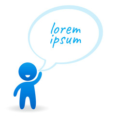 Stylized figure of smiling man and abstract dialog bubble in blue color, isolated on white background. Banner free space for text. Design element template for presentations, annual report, dialogue