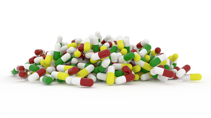 Health conceptual with bunch of capsules, medicine or pills, isolated on white background, 3D rendering image