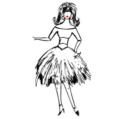 Female model in tight blouse and fluffy skirt. Party style. Elegant fashionable sketch for banners, design, shop, advertising, scrapbook.coloring book, prints, posters, party, invitations, cards