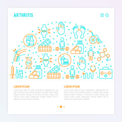 Arthritis concept in circle with thin line icons of symptoms and treatments: pain in joints, obesity, fast food, alcohol, medicine, wheelchair. Vector illustration for banner, web page, print media.