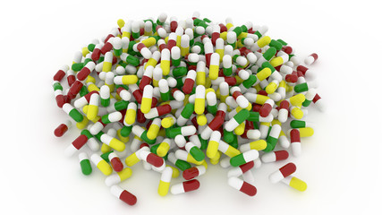 Health conceptual with bunch of capsules, medicine or pills, isolated on white background, 3D rendering image