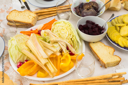 Hot sauce, Bagna cauda, table with seasonal products, Piedmont ... Hot sauce, Bagna cauda, table with seasonal products, Piedmont ...