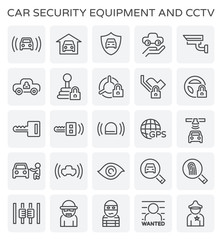 Vector line icon of car security equipment and CCTV.