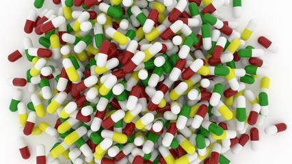 Health conceptual with bunch of capsules, medicine or pills, view from top, isolated on white background, 3D rendering image