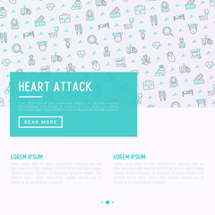 Fototapeta na wymiar Heart attack concept with thin line icons of symptoms and treatments. Modern vector illustration for medical report or survey, banner, web page, print media with place for text.