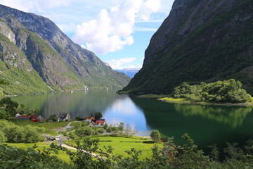 Naeroyfjord idyllic fjord landscape reflection, ship ferry, Norway, scandinavia