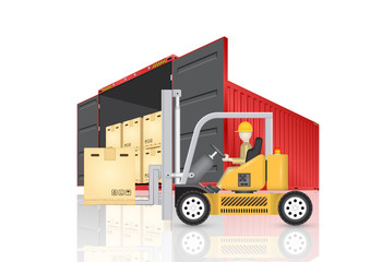 Vector of operator, driver or worker to handling box on pallet into storage or cargo container by forklift, equipment for logistic, shipping and delivery. Freight transport and distribution industry.