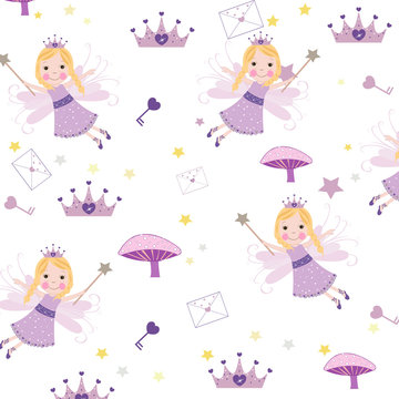 Cute fairytale pattern with hearts, stars, mushroom pattern background