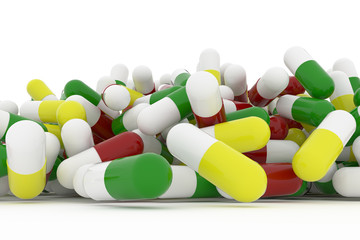 Health conceptual with bunch of close up capsules, medicine or pills, isolated on white background, 3D rendering image
