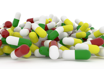Health conceptual with bunch of close up capsules, medicine or pills, isolated on white background, 3D rendering image