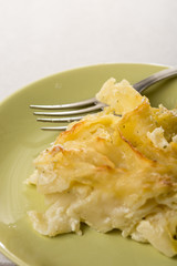 Gratinated macaroni with cheese served on the green plate