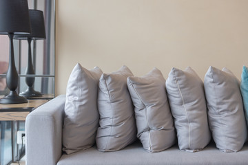 row of pillows on modern sofa in modern living room