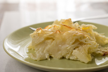 Gratinated macaroni with cheese served on the green plate