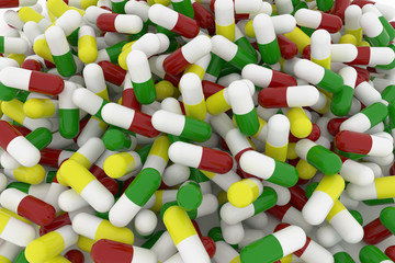 Health conceptual with bunch of capsules, medicine or pills, view from top, 3D rendering image
