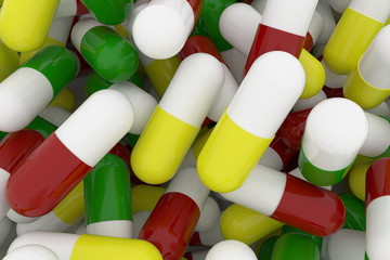 Health conceptual with bunch of close up capsules, medicine or pills, 3D rendering image