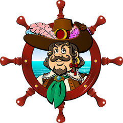Pirate. In a round frame from the ship steering wheel. Avatar, icon, emblem.