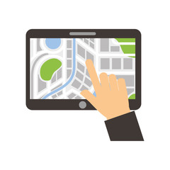 hand touching tablet pc with street map pointer mobile gps navigation app vector illustration