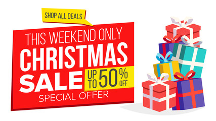Christmas Sale Banner Template Vector. Xmas Big Sale Offer. For Xmas Banner, Brochure, Poster, Discount Offer Advertising. Isolated Illustration