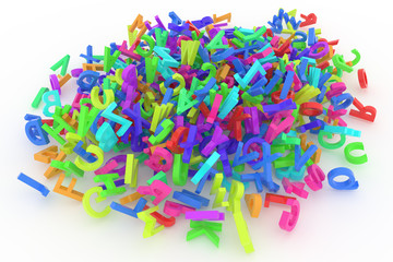 Stack of colorful alphabets letters from A to Z for education or learning conceptual, isolated on white background, 3D rendered image