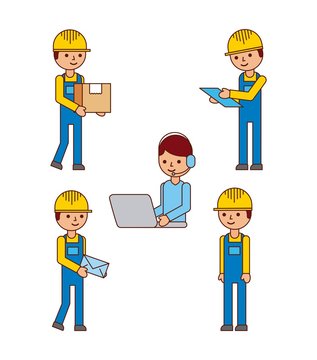 set of logistic worker people delivery postmail laptop vector illustration