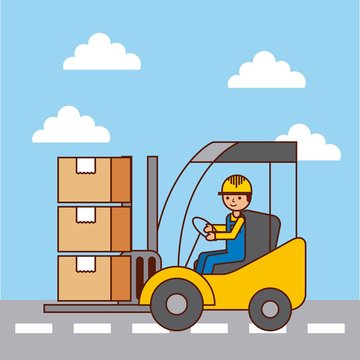 logistic worker driver forklift loading cardboard boxes by street vector illustration