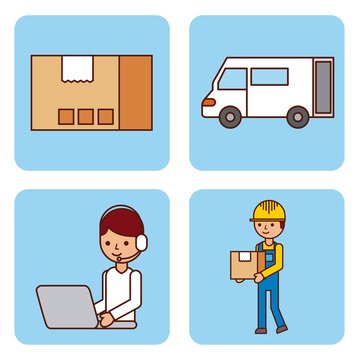 set of worker logistic delivery truck cardboard box vector illustration