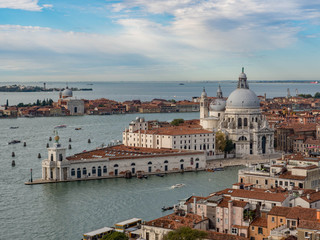 Naklejka na ściany i meble Aerial view of Venice city from the top of the bell tower at the San Marco Square. Italy, summer