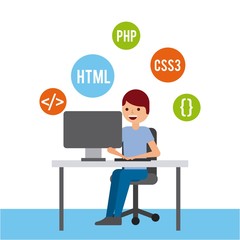 man programmer working on his pc computer coding and programming vector illustration