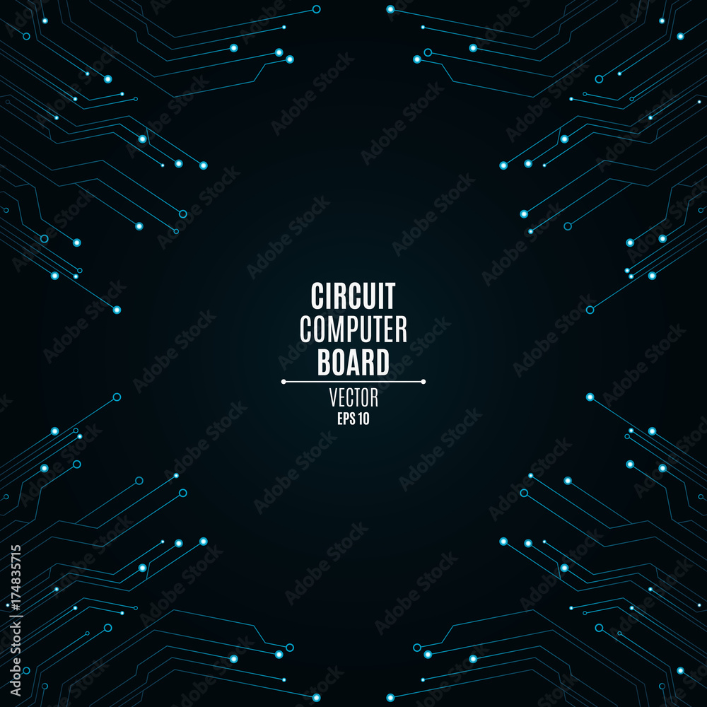 Poster background from a computer board with luminous blue connectors. circuit computer board. high-tech ne