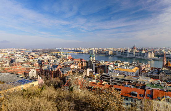 Aerial view of Budapest with the Parliament and the Danube, Budapest, Hungary