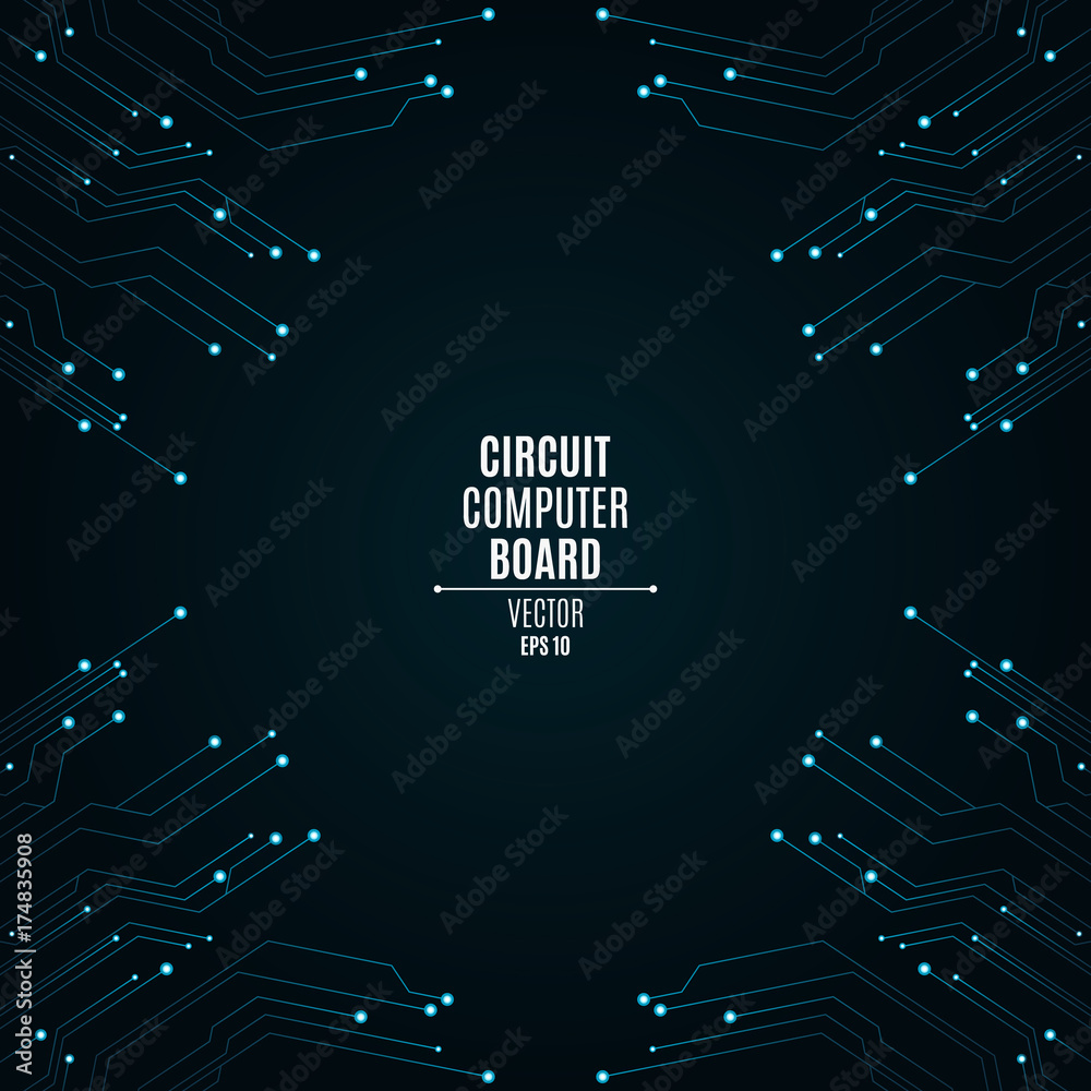 Poster background from a computer board with luminous blue connectors. circuit computer board. high-tech ne