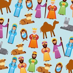 set of people animal manger christmas holiday vector illustration