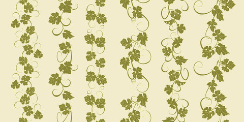 Set of seamless ornaments with vines of grapes. Boarders with vines for backgrounds, print, textiles, labels.