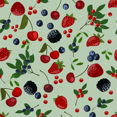 Seamless pattern of berries. Slices of blueberries, cranberries, lingonberries, cherries and strawberries.