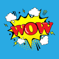 Comic speech bubble with expression text Wow! Stars and clouds. Pop Art Comics Style. isolated on background. Vector illustration.