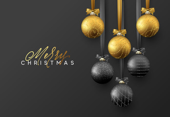 Christmas greeting card, design of xmas golden and black balls on dark background.