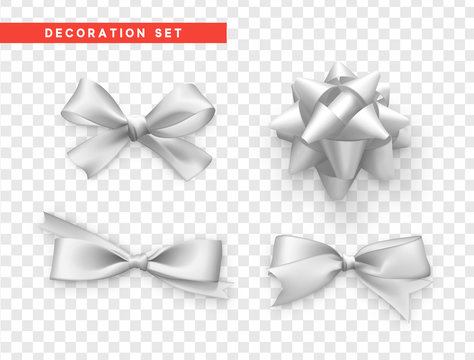 Bows white realistic design. Isolated gift bows with ribbons.