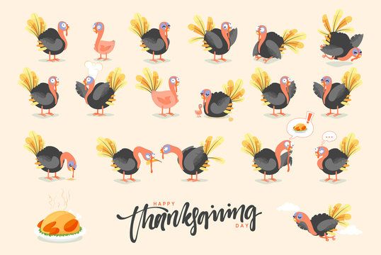 Collection cartoon Turkey bird. Happy Thanksgiving Celebration. Funny character turkey