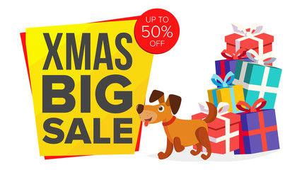 Christmas Dog Cartoon Characters Bector. Happy Dog Flat Design. New Year Business Brochure Illustration. For Xmas Banner, Brochure, Poster, Discount Offer Advertising Background. Isolated