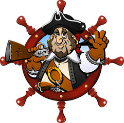 Pirate. In a round frame from the ship steering wheel. Avatar, icon, emblem.