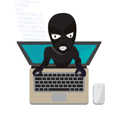 Man wearing balaclava and hacker number on keyboard while using laptop at desk