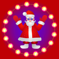 Background with a figure of Santa Claus with hands up on a red background. Illustration.