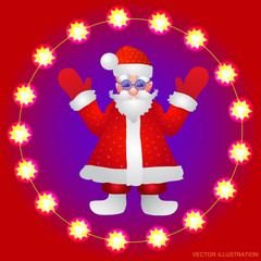 Background with a figure of Santa Claus with hands up on a red background. Vector illustration.