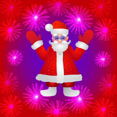 Background with a figure of Santa Claus with hands up on a red background and stylized luminous flowers. Illustration.