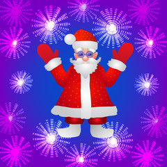 Background with a figure of Santa Claus with hands up on a blue background and stylized luminous flowers. Illustration.