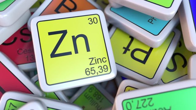 Zinc Zn block on the pile of periodic table of the chemical elements blocks. Chemistry related intro animation